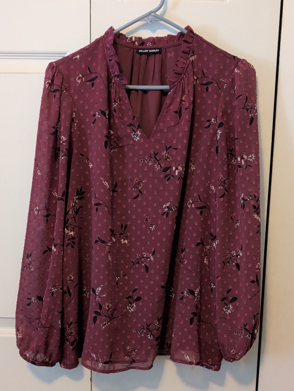 Hilary Radley Burgundy Floral V-Neck Blouse